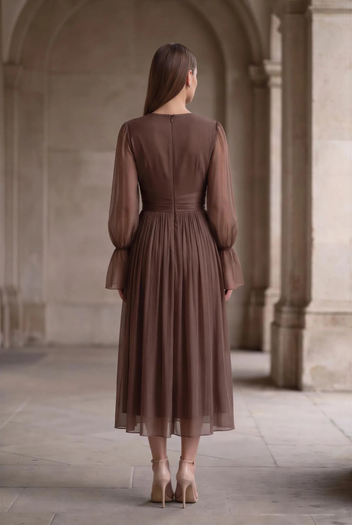Rochie Amaris maro - detaliu bust cu fronseuri manuale