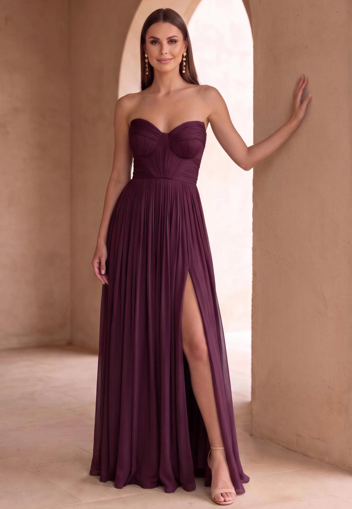 Rochie lungă burgundy din voal peliculizat - Leonard Collection