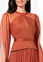 Rochie Kasia cupru - detaliu bust plisat manual