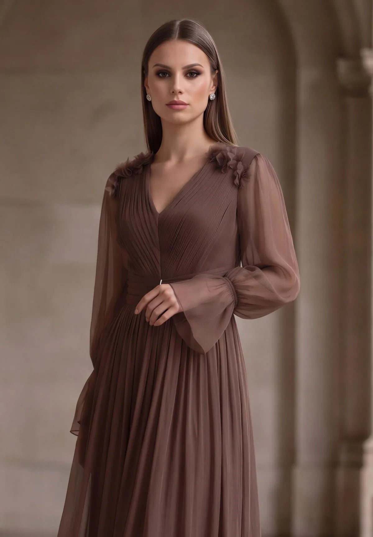 Rochie Amaris maro - detaliu flori de matase pe umeri